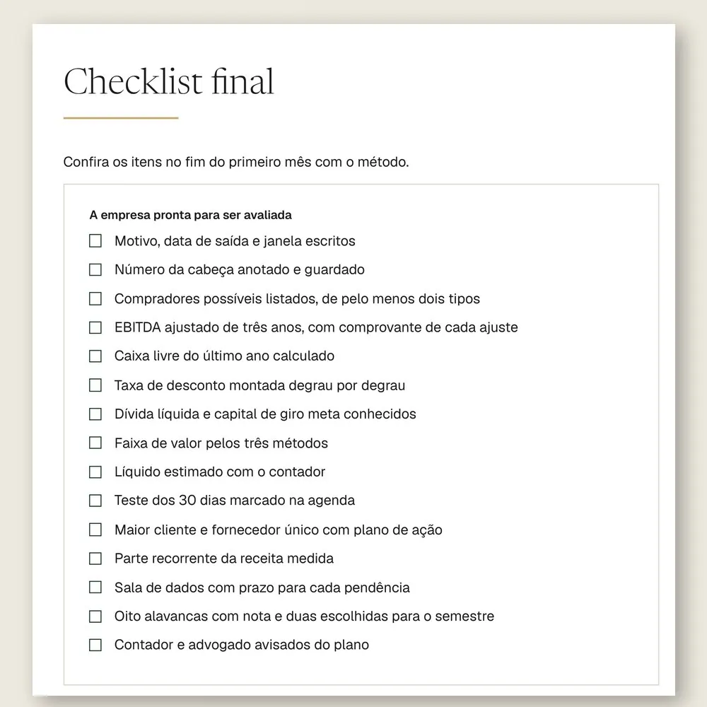 Página do checklist final do manual, com 15 itens para conferir no fim do primeiro mês com o método.