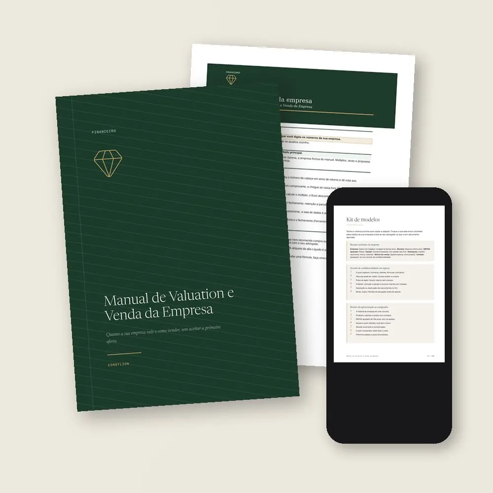 O que vem no Manual de Valuation e Venda da Empresa: o PDF de 100 páginas, a planilha do valor da empresa, em Excel e Google Sheets, e o acesso pelo celular, com os 12 modelos prontos do Kit.