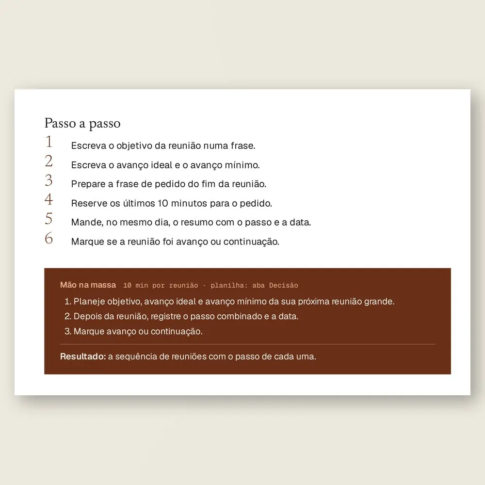 Página da Ferramenta 12, O avanço de cada reunião, com o passo a passo para planejar o avanço ideal e o mínimo antes de entrar, e a caixa Mão na massa.