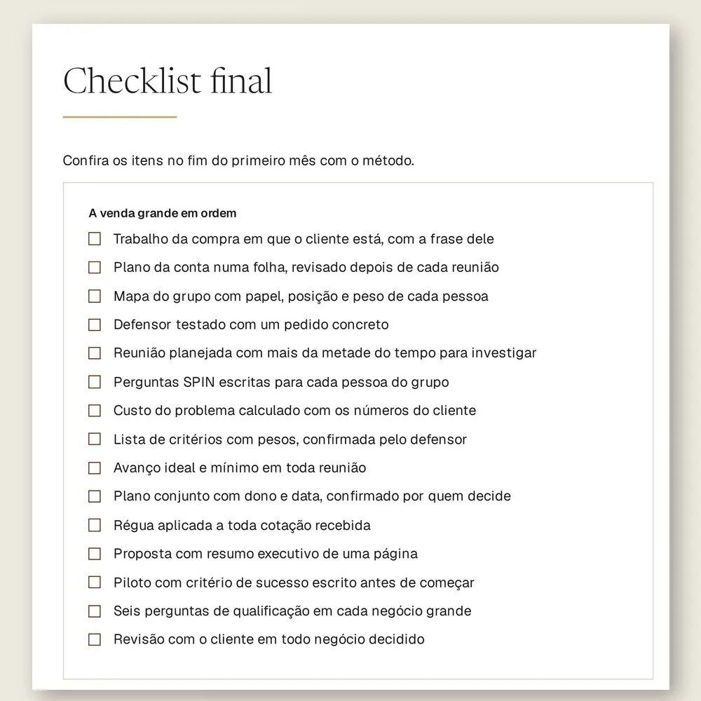 Página do checklist final do manual, com 15 itens para conferir no fim do primeiro mês com o método.