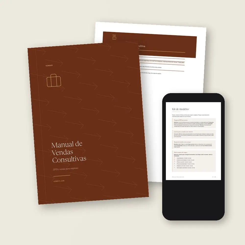 O que vem no Manual de Vendas Consultivas: o PDF de 100 páginas, a planilha da venda consultiva, em Excel e Google Sheets, e o acesso pelo celular, com os 13 modelos prontos do Kit.