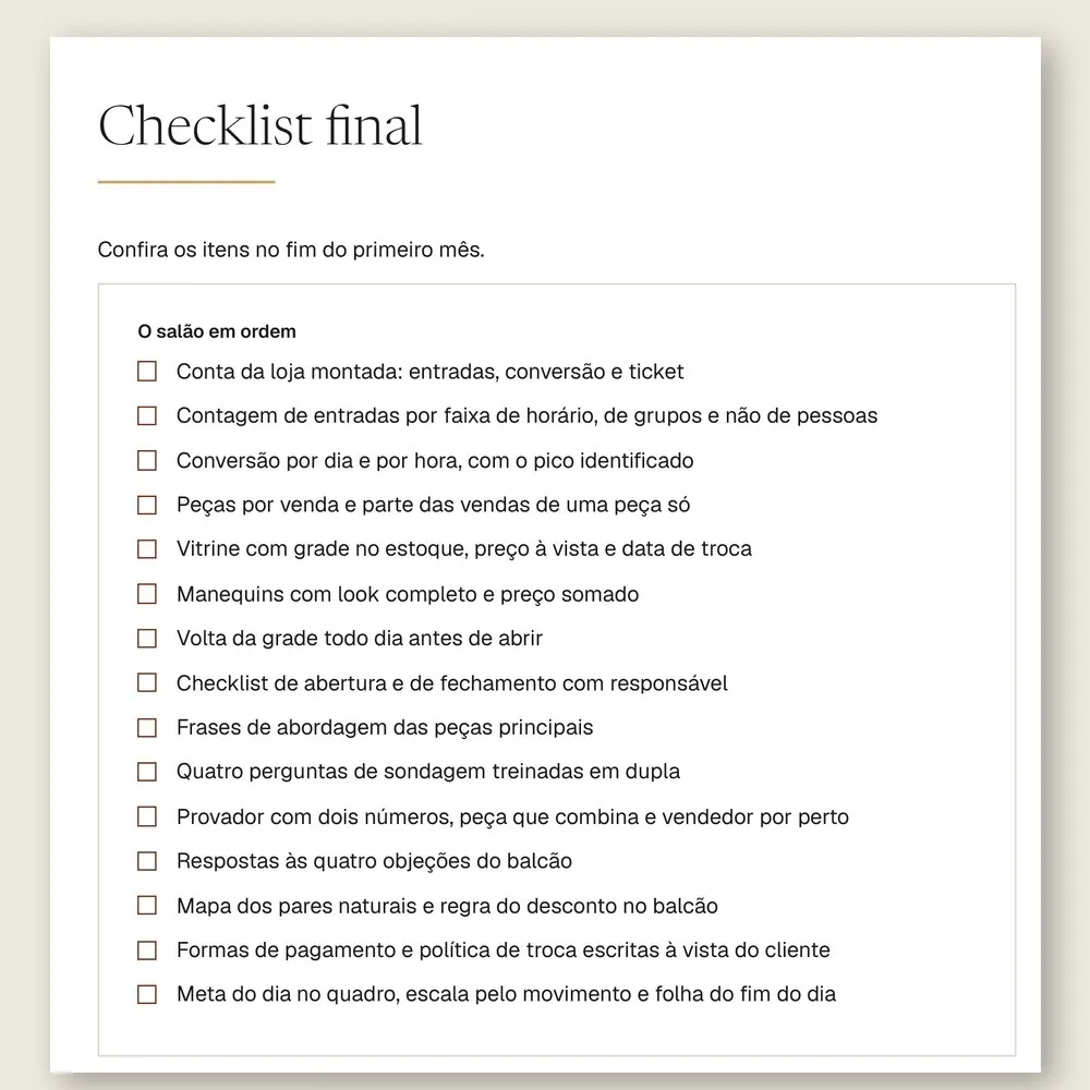 Página do checklist final do manual, com 15 itens para conferir no fim do primeiro mês, da contagem na porta à folha do fim do dia.