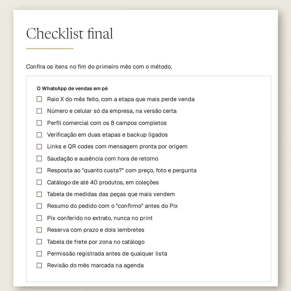Página do checklist final do manual, com 15 itens para conferir no fim do primeiro mês com o método.