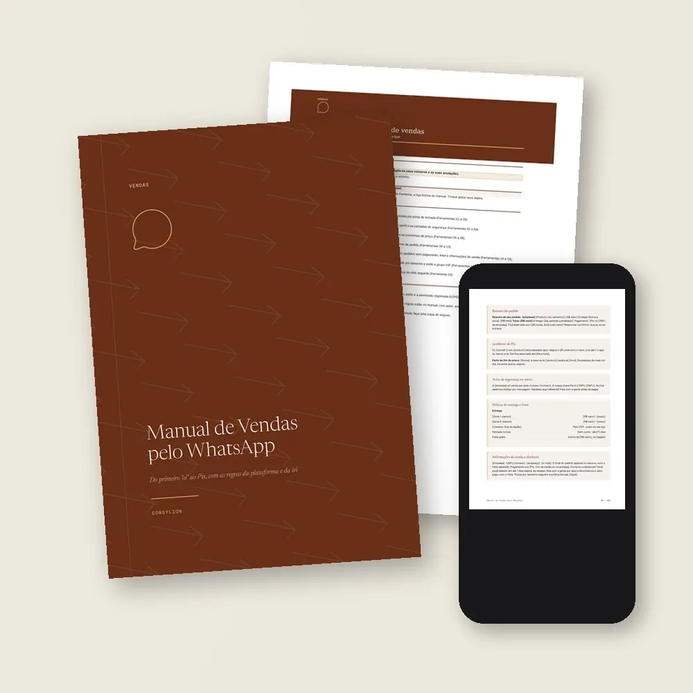 O que vem no Manual de Vendas pelo WhatsApp: o PDF de 100 páginas, a planilha do WhatsApp de vendas, em Excel e Google Sheets, e o acesso pelo celular, com as 13 mensagens prontas do Kit.