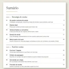 Manual aberto na página do sumário, com a Parte 1, Estratégia de vendas, e a Parte 2, Funil de vendas, e as ferramentas numeradas de 01 a 10.