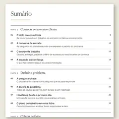 Manual aberto na página do sumário, com a Parte 1, Começar certo com o cliente, a Parte 2, Definir o problema, e a Parte 3, Coletar os fatos, e as ferramentas numeradas de 01 a 13.
