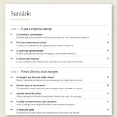 Manual aberto na página do sumário, com a Parte 1, O que a empresa carrega, e a Parte 2, Menos clientes, mais margem.