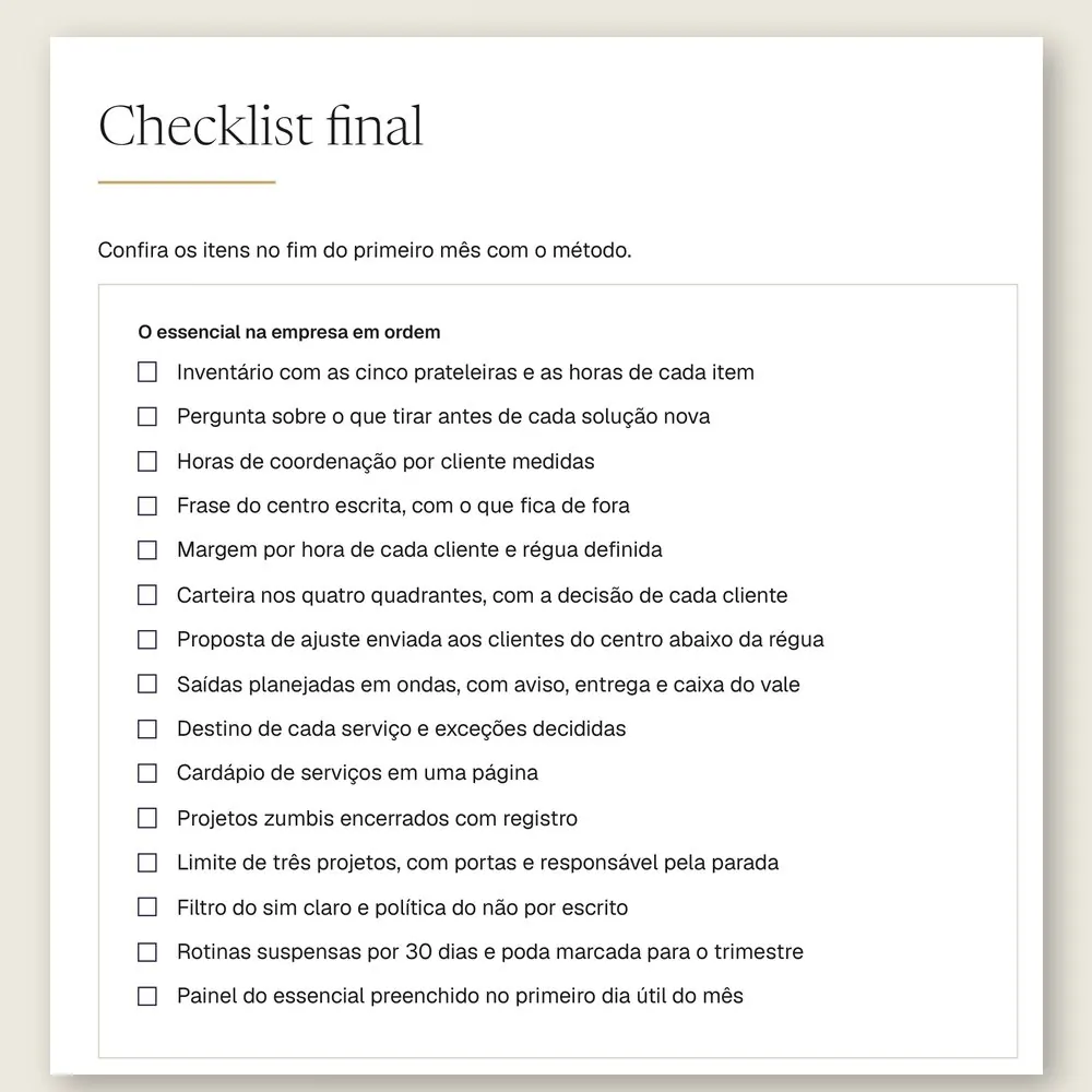 Página do checklist final do manual, com 15 itens para conferir no fim do primeiro mês com o método.