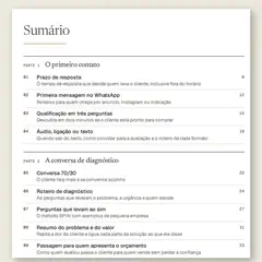 Página do sumário do Manual do Fechamento de Vendas com as Partes 1 a 3, O primeiro contato, A conversa de diagnóstico e Proposta e orçamento, e as ferramentas 01 a 13 com a página de cada uma.
