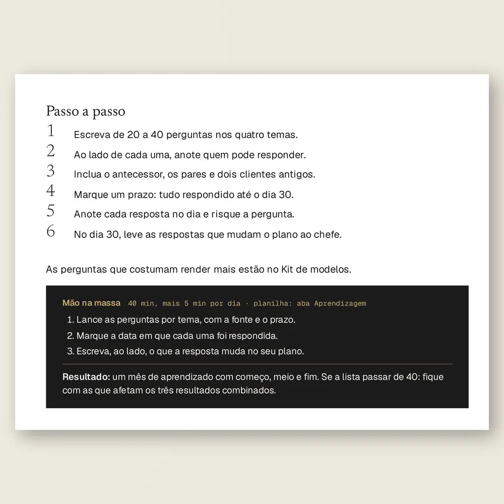 Página da Ferramenta 05, Plano de aprendizagem, com o passo a passo para escrever as perguntas do primeiro mês, a fonte e o prazo de cada uma, e a caixa Mão na massa.
