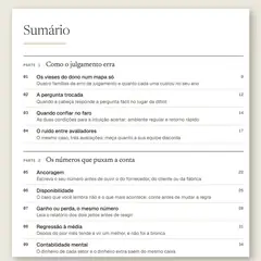 Manual aberto na página do sumário, com a Parte 1, Como o julgamento erra, e a Parte 2, Os números que puxam a conta.