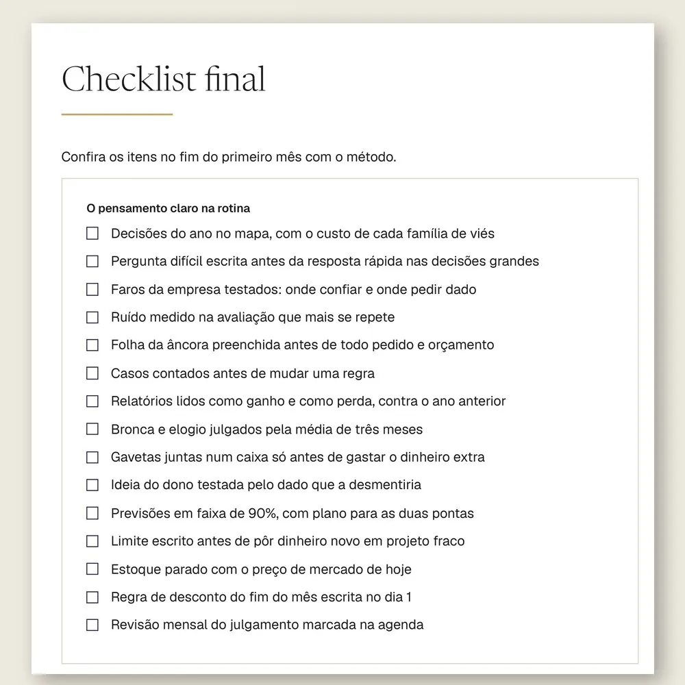 Página do checklist final do manual, com 15 itens para conferir no fim do primeiro mês com o método.