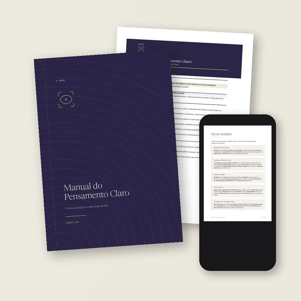 O que vem no Manual do Pensamento Claro: o PDF de 100 páginas, a planilha do pensamento claro, em Excel e Google Sheets, e o acesso pelo celular, com os 17 modelos do Kit.