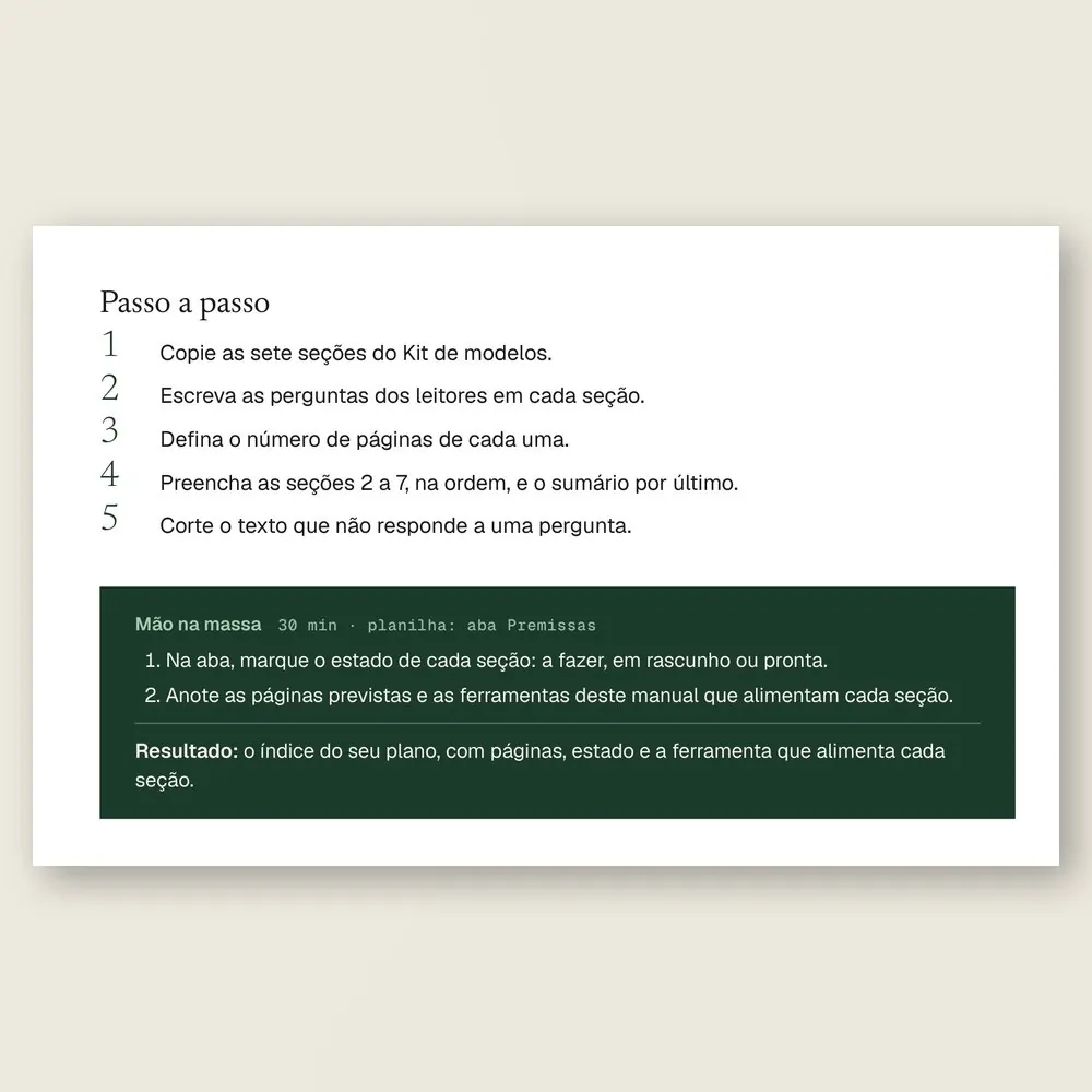 Página da Ferramenta 02 com os cinco passos para montar o índice do plano e a caixa Mão na massa.