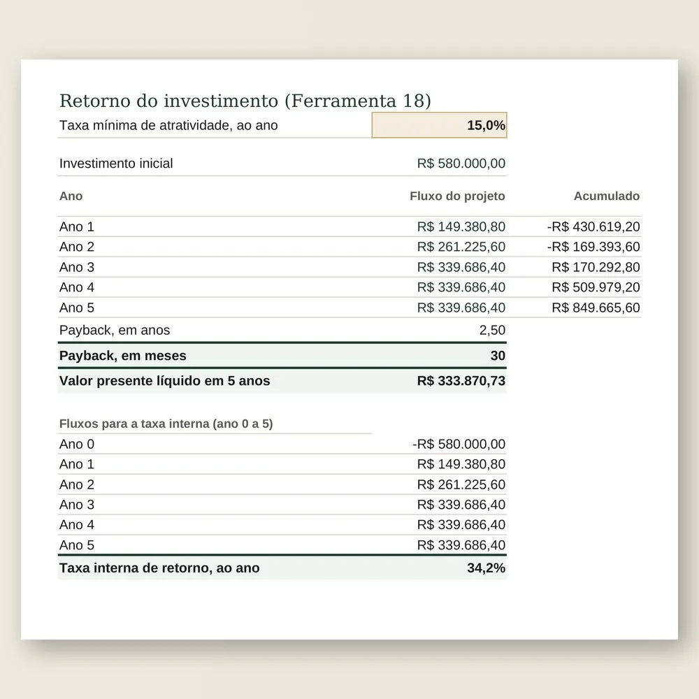 Close da aba Resultado: os fluxos de cinco anos, o payback em meses, o valor presente líquido e a taxa interna de retorno do projeto.