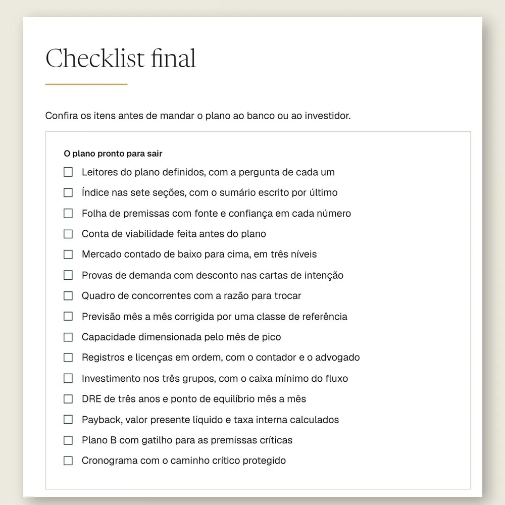 Página do checklist final do manual, com 15 itens para conferir antes de mandar o plano ao banco ou ao investidor.