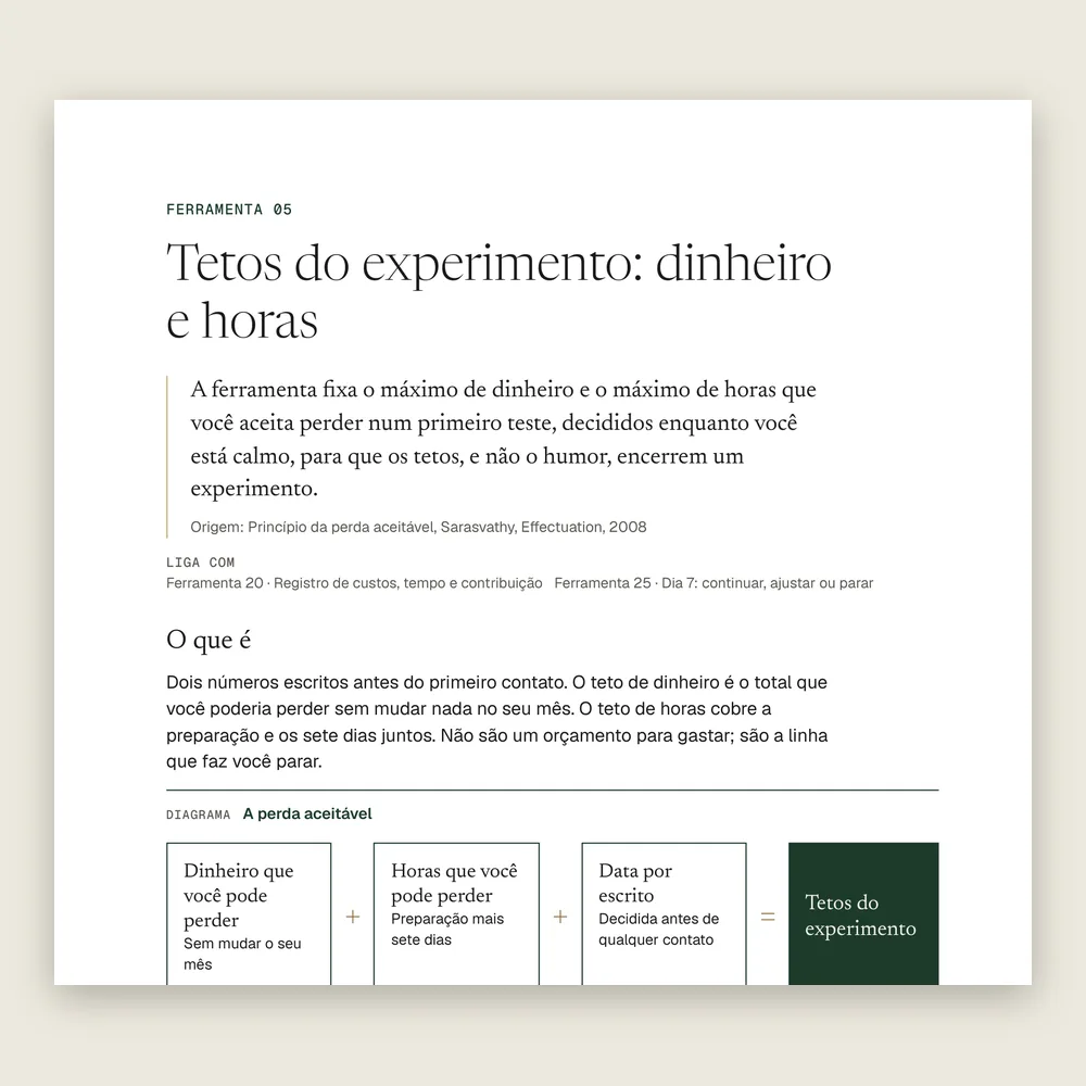Página da Ferramenta 05, Tetos do experimento: dinheiro e horas, com o diagrama da perda aceitável.