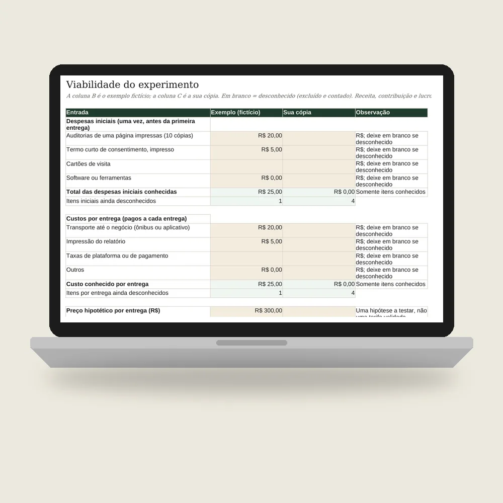 Planilha da Segunda Renda aberta no computador, na aba Viabilidade do experimento, com valores em reais.