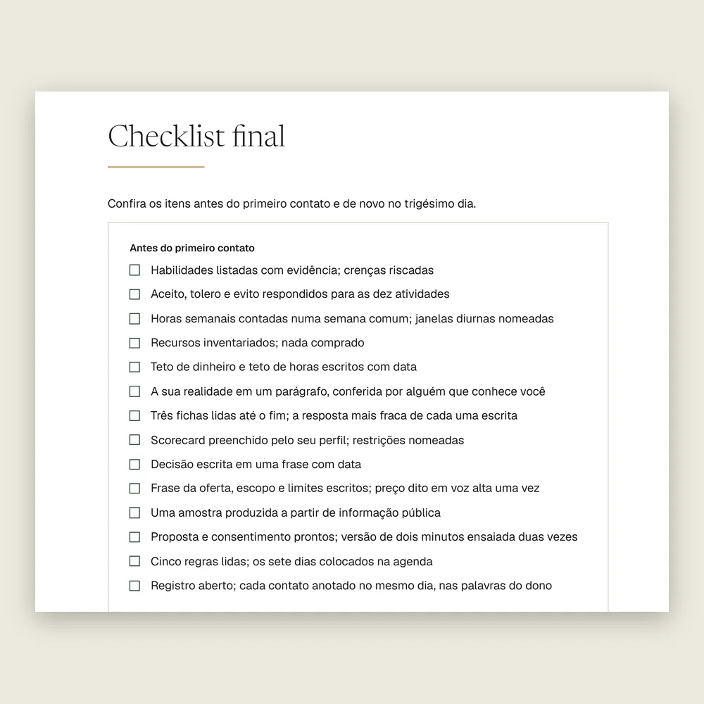 Checklist final do Playbook: os itens a conferir antes do primeiro contato.
