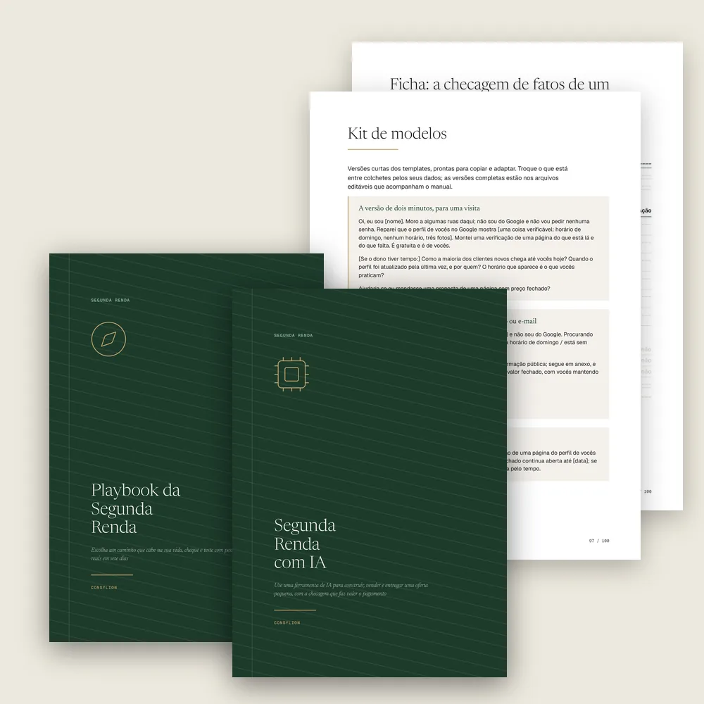 O que você recebe: o Playbook, o bônus Segunda Renda com IA, a planilha e o kit de modelos editáveis.