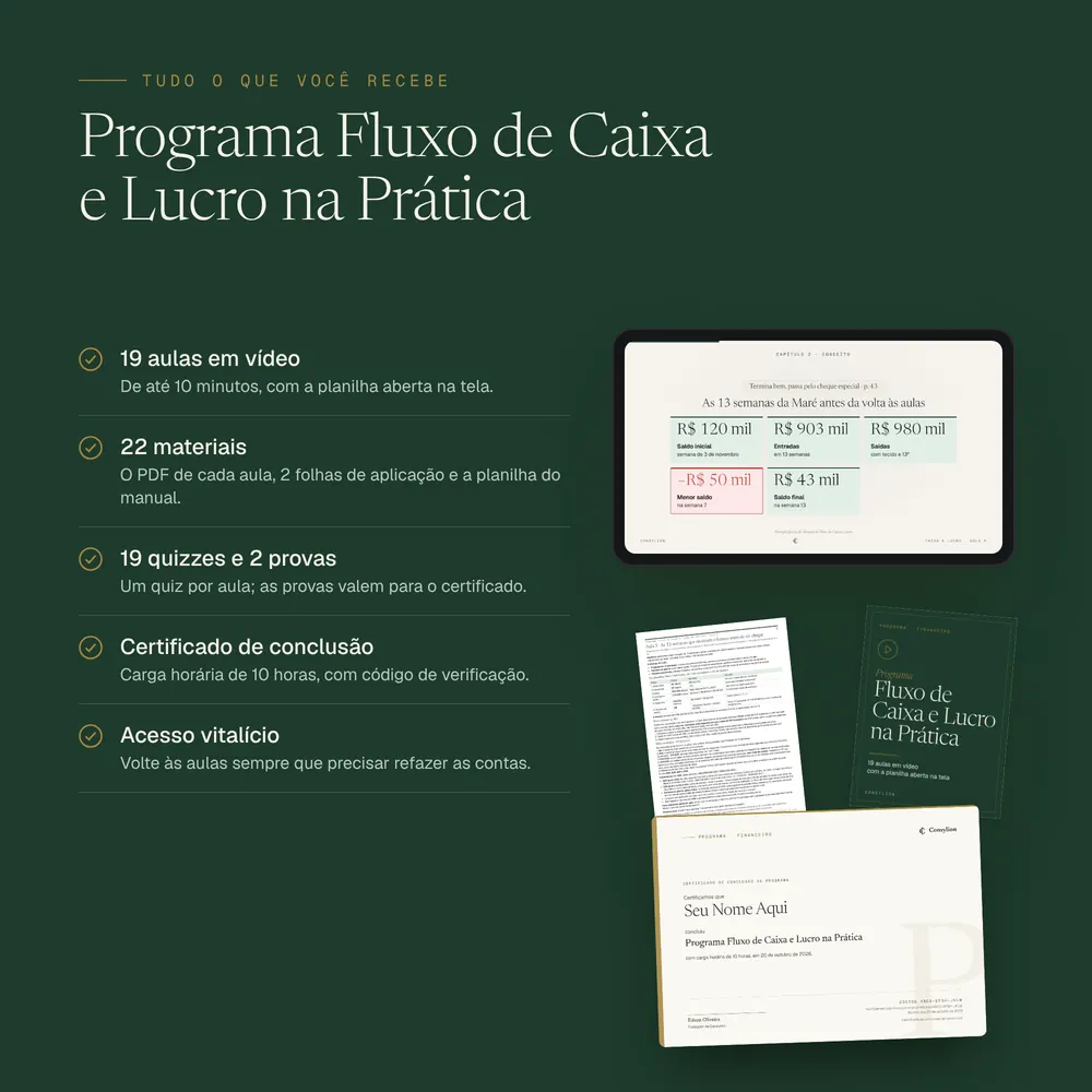 Lista do que o programa inclui: 19 aulas em vídeo de até 10 minutos; 22 materiais, com o PDF de cada aula, 2 folhas de aplicação e a planilha do manual; 19 quizzes e 2 provas; certificado de conclusão de 10 horas com código de verificação; acesso vitalício. Ao lado, um tablet com um quadro da aula 5, um resumo em PDF, a capa do programa e o certificado.